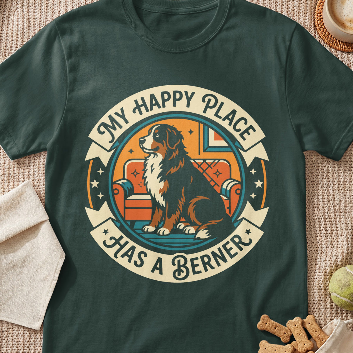 Bernese Mountain Dog sits on couch, text reads "My Happy Place Has A Berner."