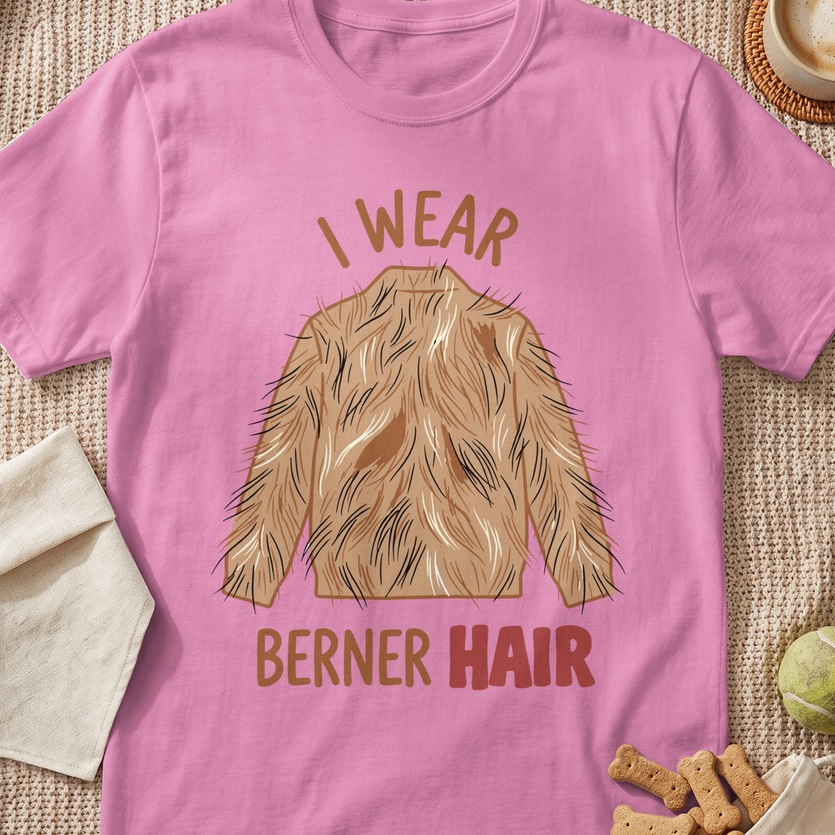 Pink t-shirt with "I Wear Berner Hair" graphic of dog fur.