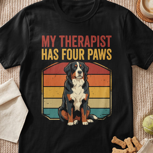 Bernese Mountain Dog graphic with text "MY THERAPIST HAS FOUR PAWS".