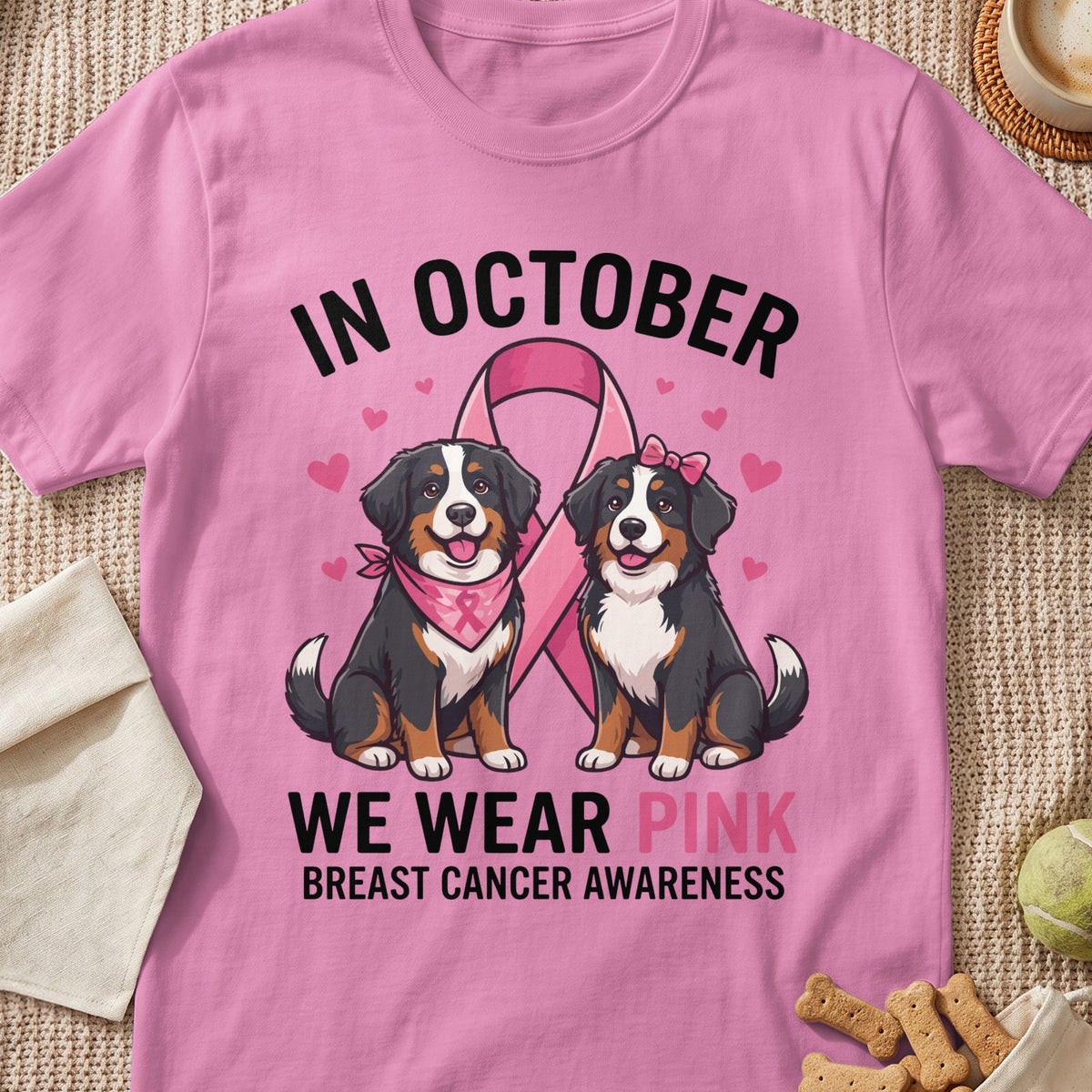 Bernese Mountain Dogs in pink bandana and bow supporting breast cancer awareness.
