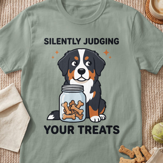 Bernese Mountain Dog with a jar of treats, text "Silently Judging Your Treats".