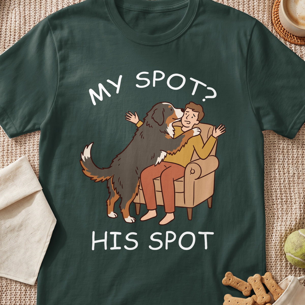Bernese mountain dog hugs person sitting in chair with text "MY SPOT? HIS SPOT".
