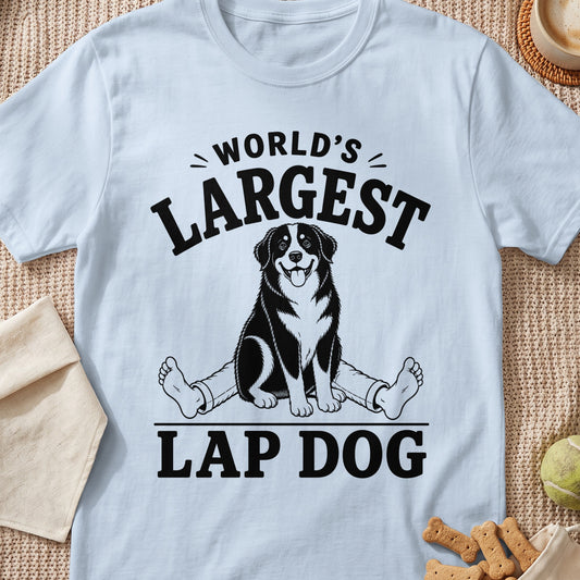 Light blue t-shirt with "WORLD'S LARGEST LAP DOG" text and a dog illustration.