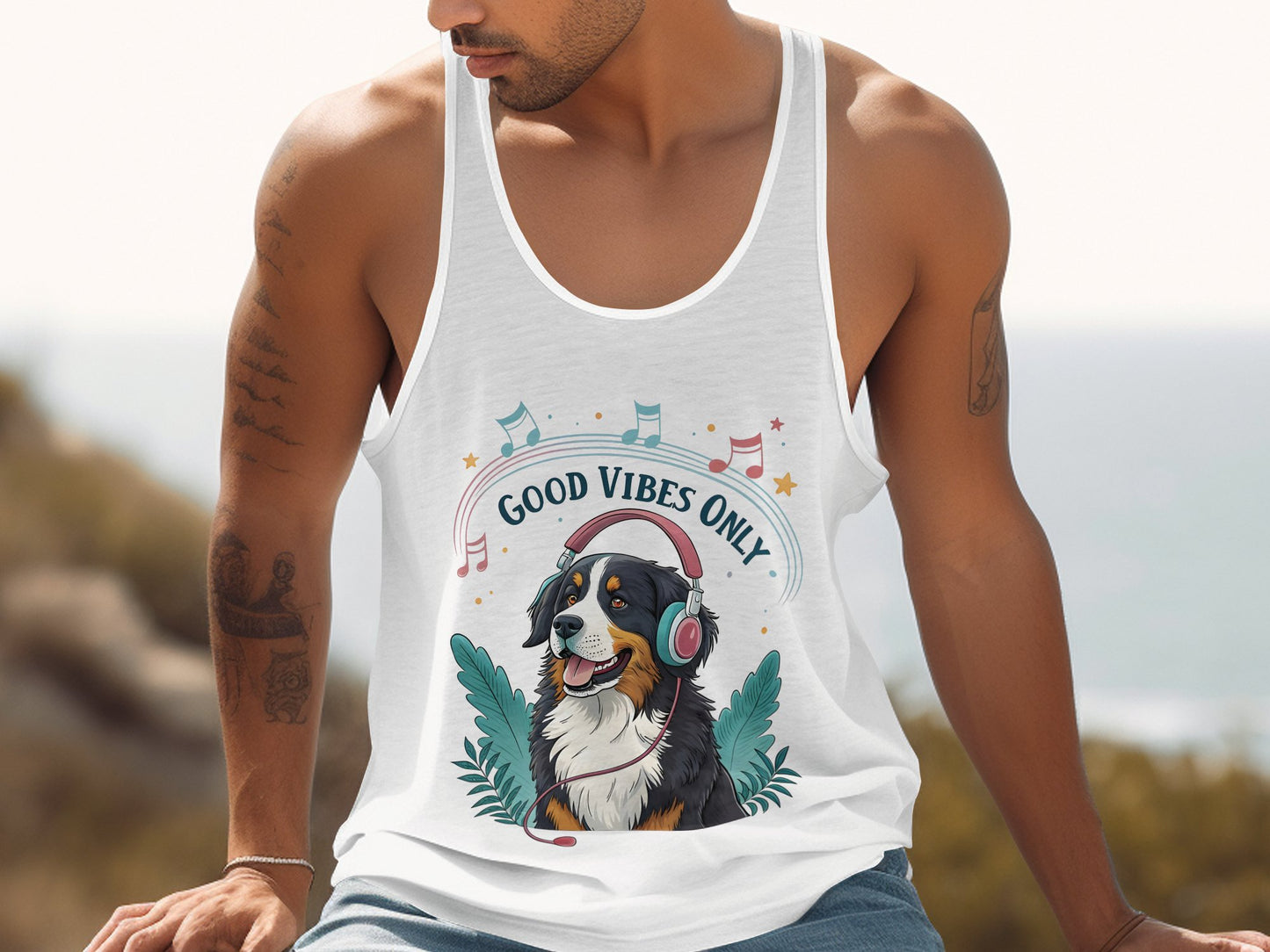 Good Vibes Only Dog Wearing Headphones Tank Top product type