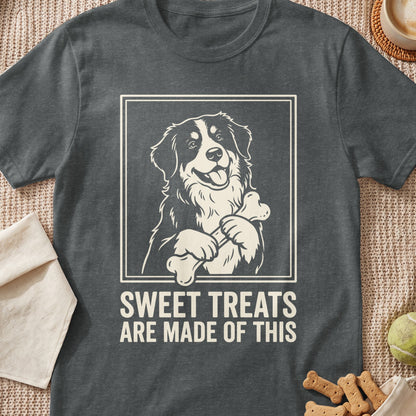 Bernese Mountain Dog holding a bone with text "SWEET TREATS ARE MADE OF THIS".