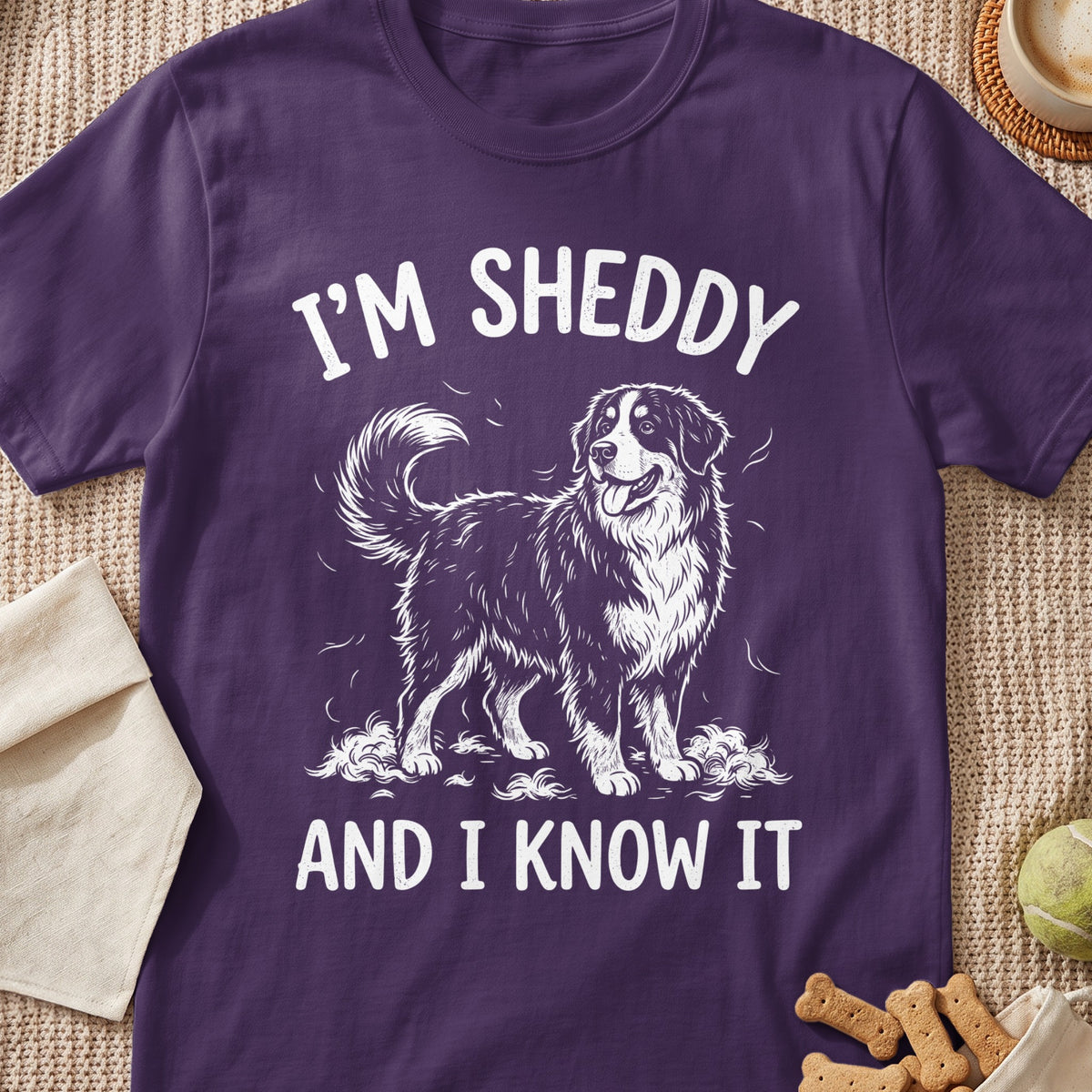 Purple t-shirt with white text "I'M SHEDDY AND I KNOW IT" and a dog illustration.