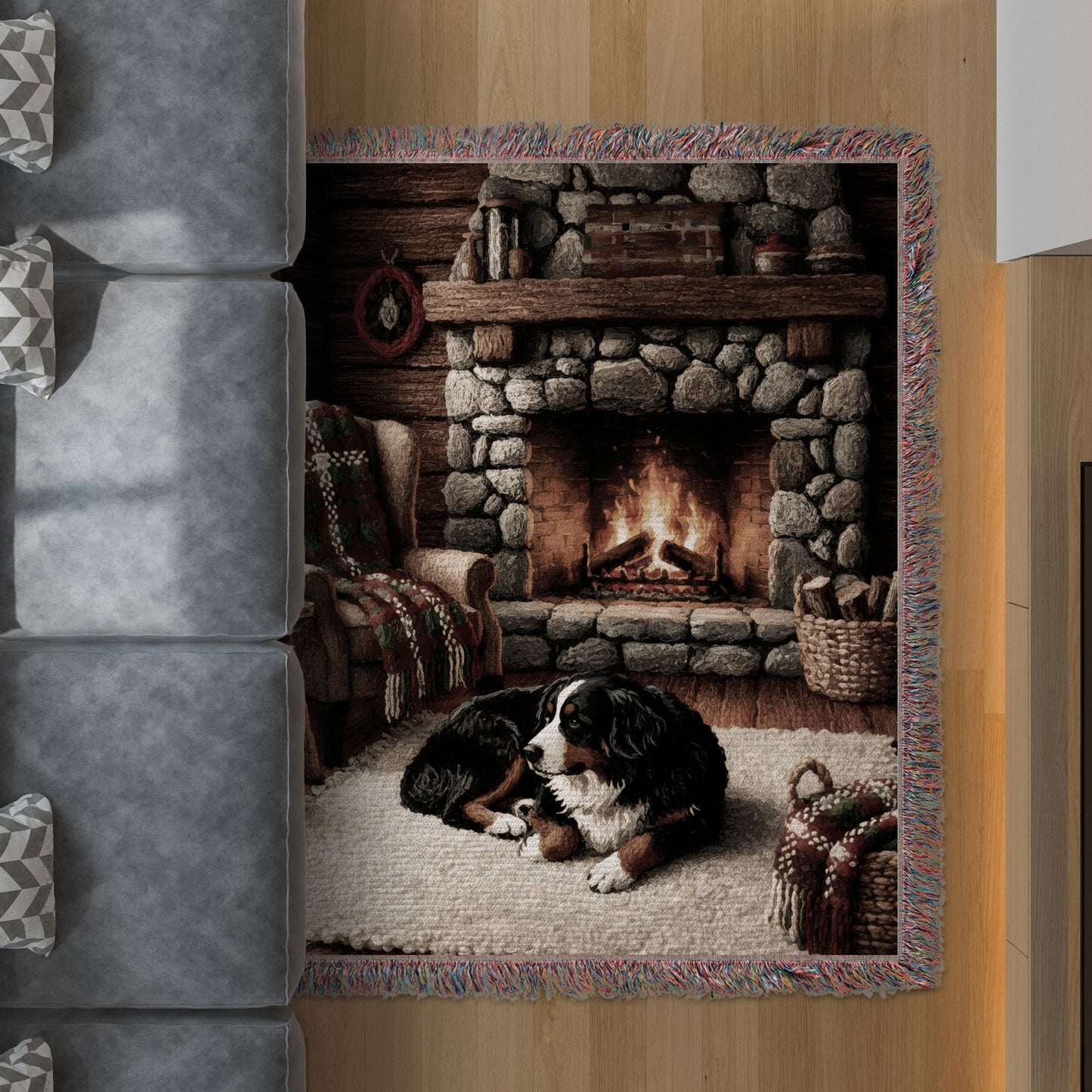 Cozy Fireplace Scene with Dog Woven Blanket