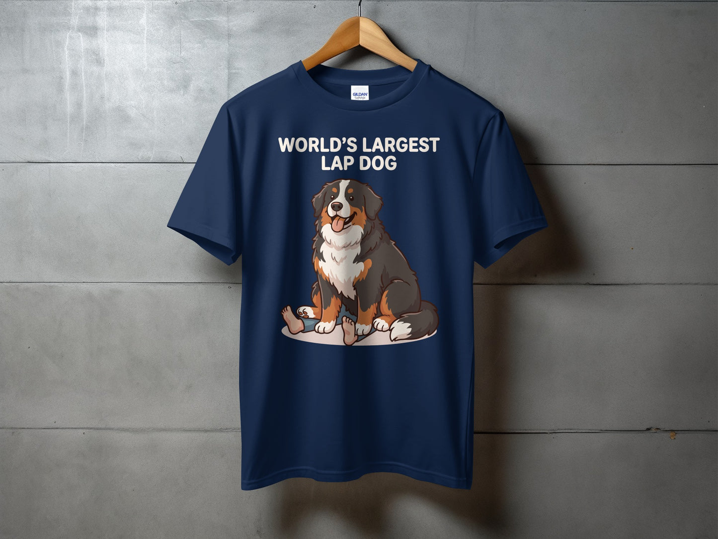 Navy t-shirt with "WORLD'S LARGEST LAP DOG" and illustration of Bernese Mountain Dog.