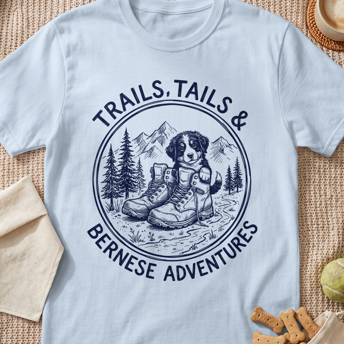 Bernese Mountain Dog puppy in hiking boots with text "Trails, Tails & Bernese Adventures".
