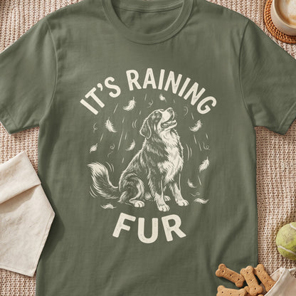 Green t-shirt with a dog sitting and the text "IT'S RAINING FUR".