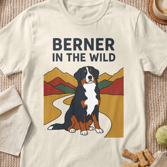 T-shirt with "BERNER IN THE WILD" text and Bernese mountain dog illustration.