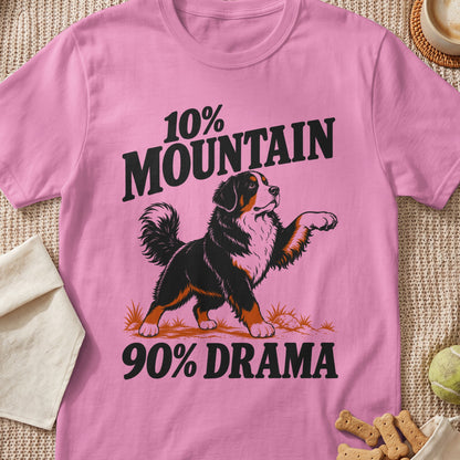 Pink t-shirt with "10% Mountain 90% Drama" text and Bernese Mountain Dog illustration.