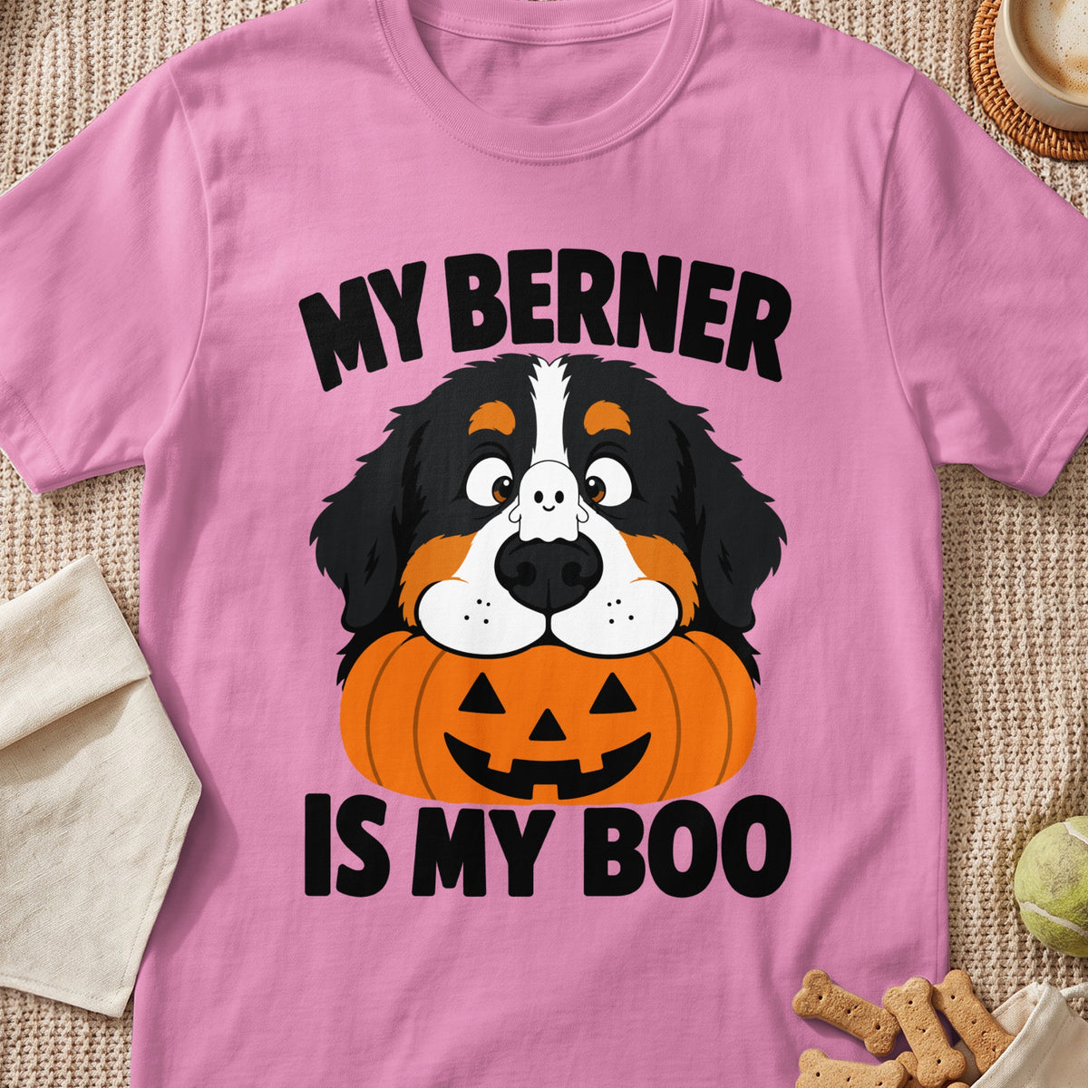 Pink t-shirt with a Bernese Mountain Dog face over a jack-o'-lantern and text "MY BERNER IS MY BOO".