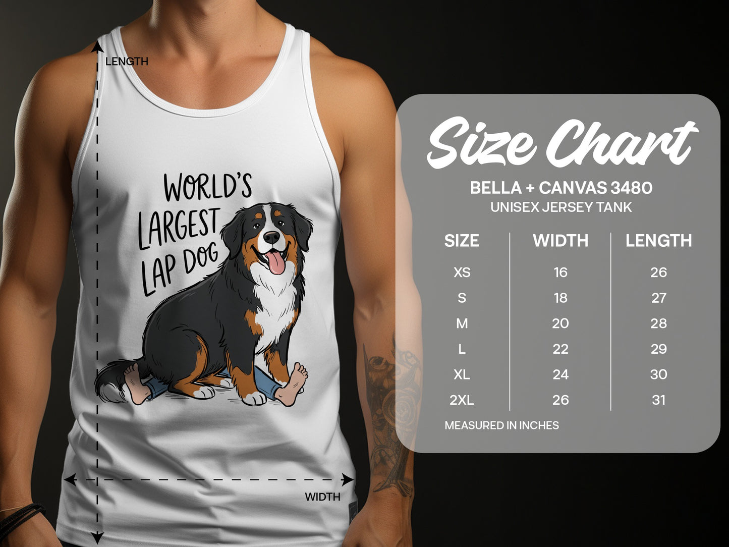 White tank top with "World's Largest Lap Dog" graphic and sizing chart.