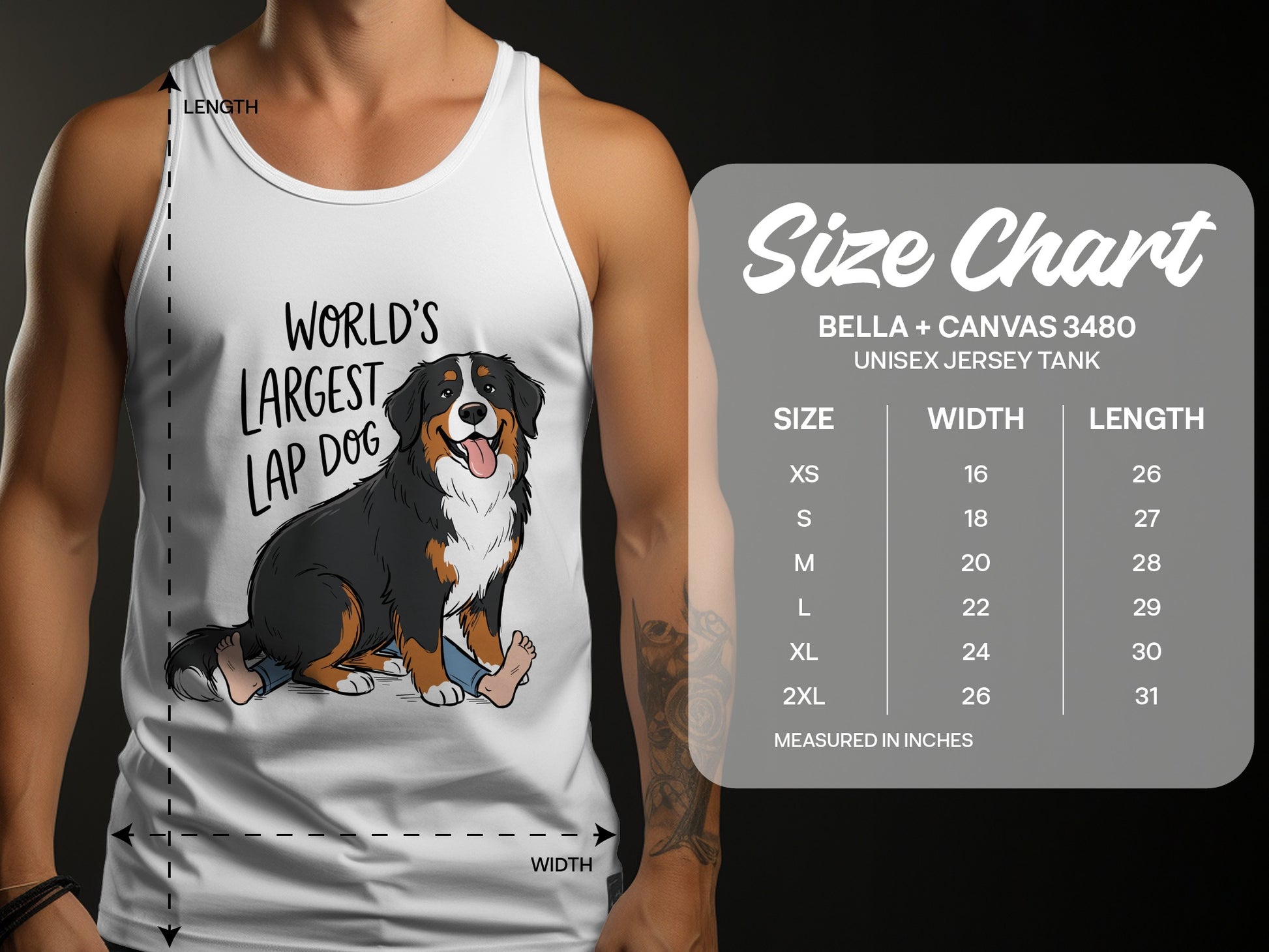 White tank top with "World's Largest Lap Dog" graphic and sizing chart.