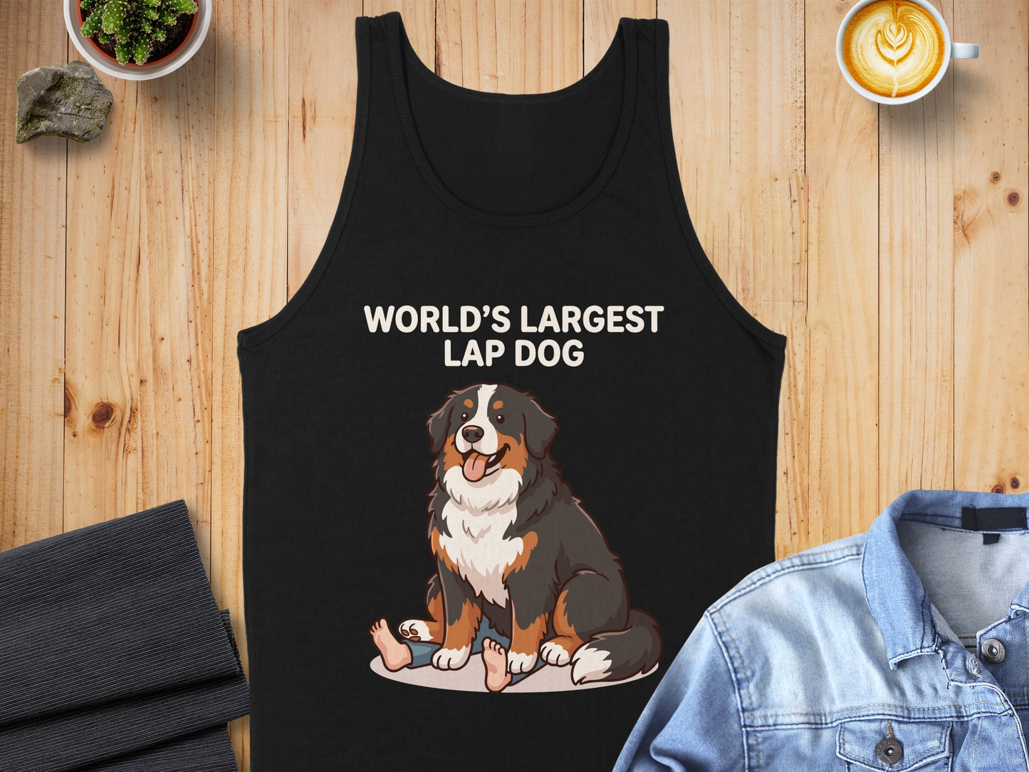Black tank top with "WORLD'S LARGEST LAP DOG" text and Bernese Mountain Dog graphic.