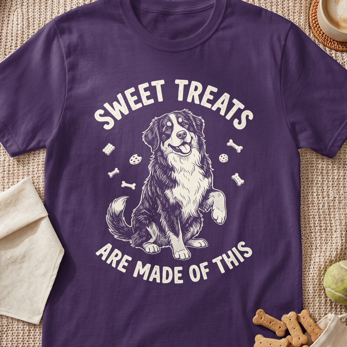 Purple t-shirt with a dog graphic and text "SWEET TREATS ARE MADE OF THIS".