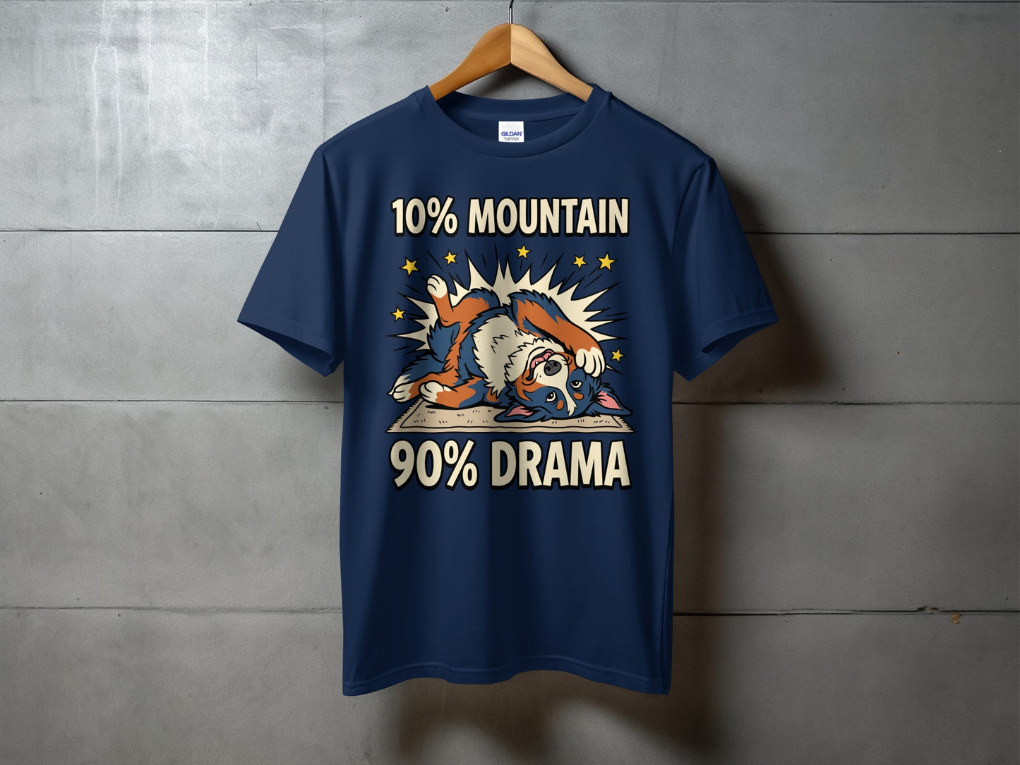 Navy t-shirt with "10% MOUNTAIN 90% DRAMA" text and a cartoon dog.