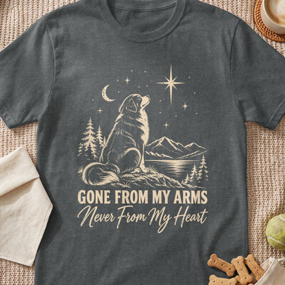 Dark t-shirt with a dog looking at a starry night sky with moon and mountains. Text reads "Gone From My Arms Never From My Heart".