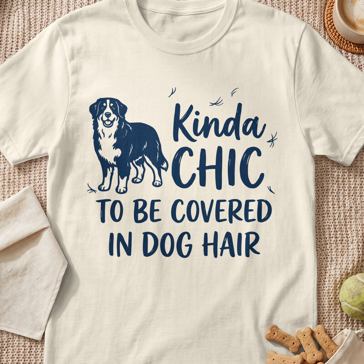 T-shirt with navy blue illustration of a dog and text "Kinda CHIC TO BE COVERED IN DOG HAIR".