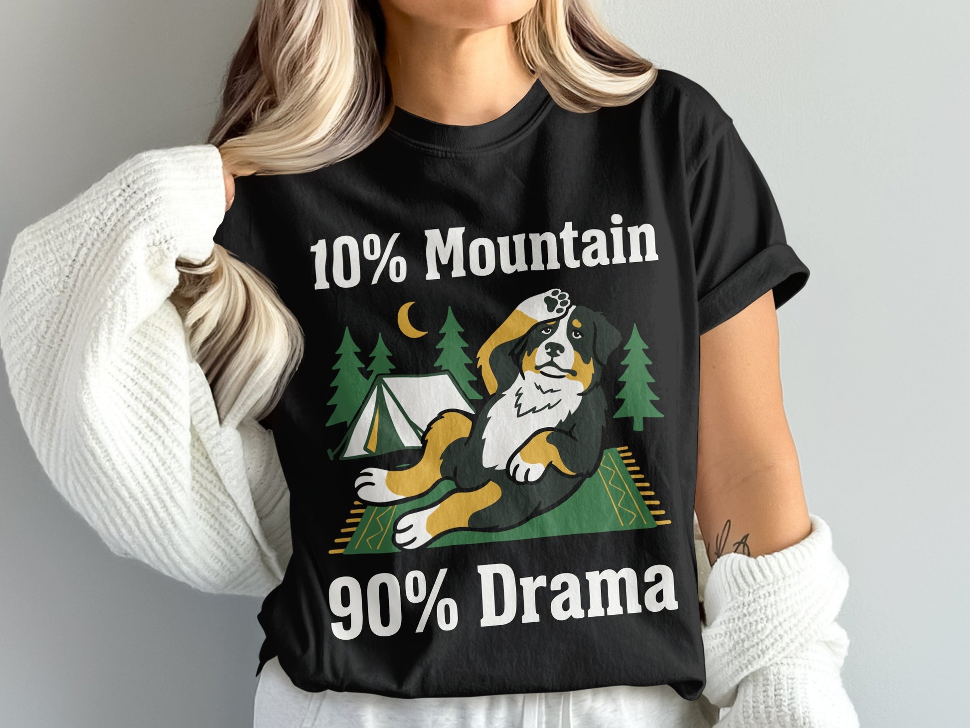 Black t-shirt with "10% Mountain 90% Drama" text and a dog graphic.