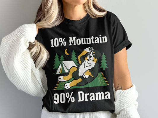 Black t-shirt with "10% Mountain 90% Drama" text and a dog graphic.