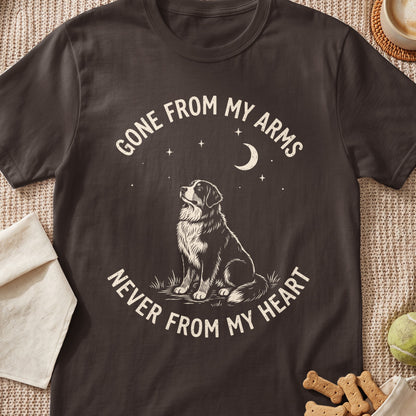 T-shirt with dog looking at moon, text reads "Gone From My Arms Never From My Heart."