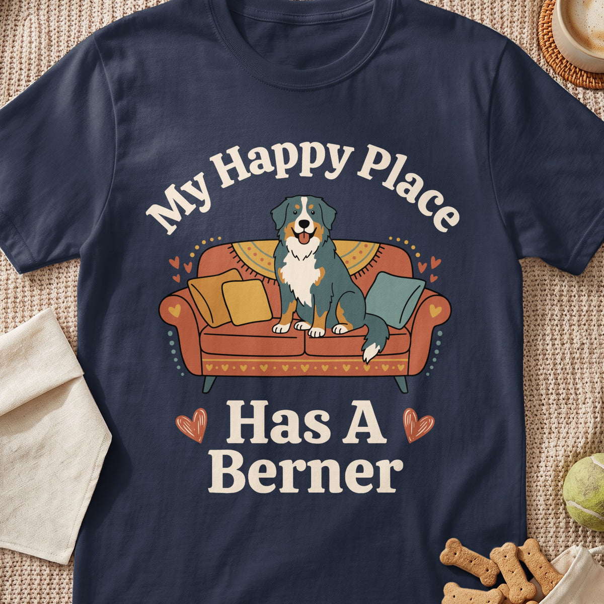 Bernese Mountain Dog on sofa graphic with text "My Happy Place Has A Berner."