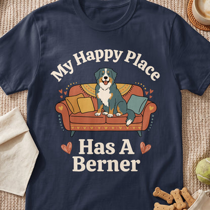 Bernese Mountain Dog on sofa graphic with text "My Happy Place Has A Berner."