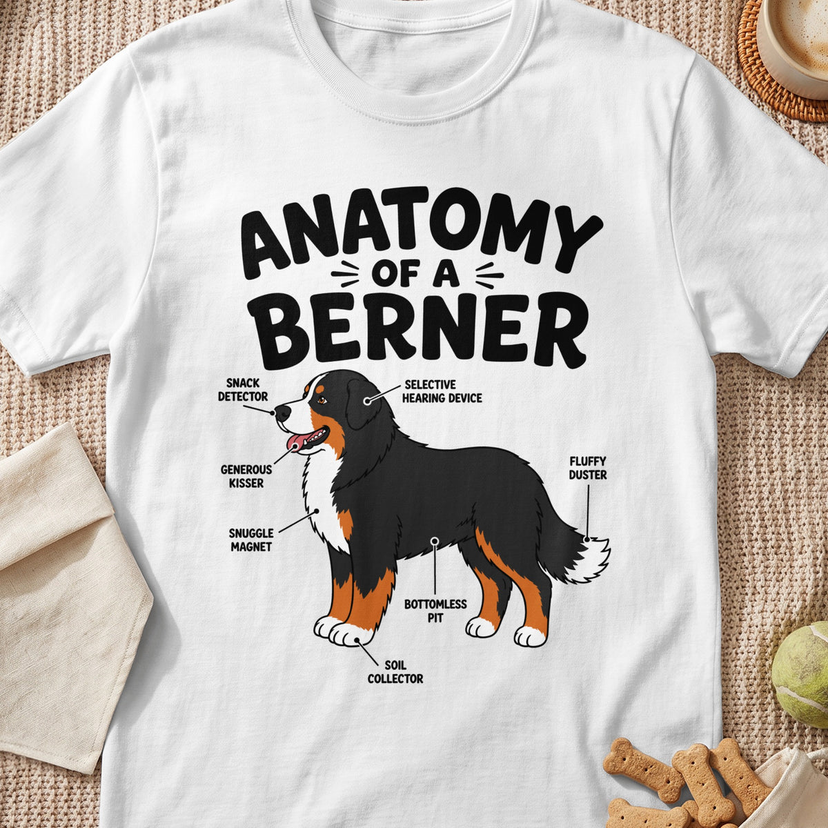 White t-shirt with "Anatomy of a Berner" text and diagram of a dog.