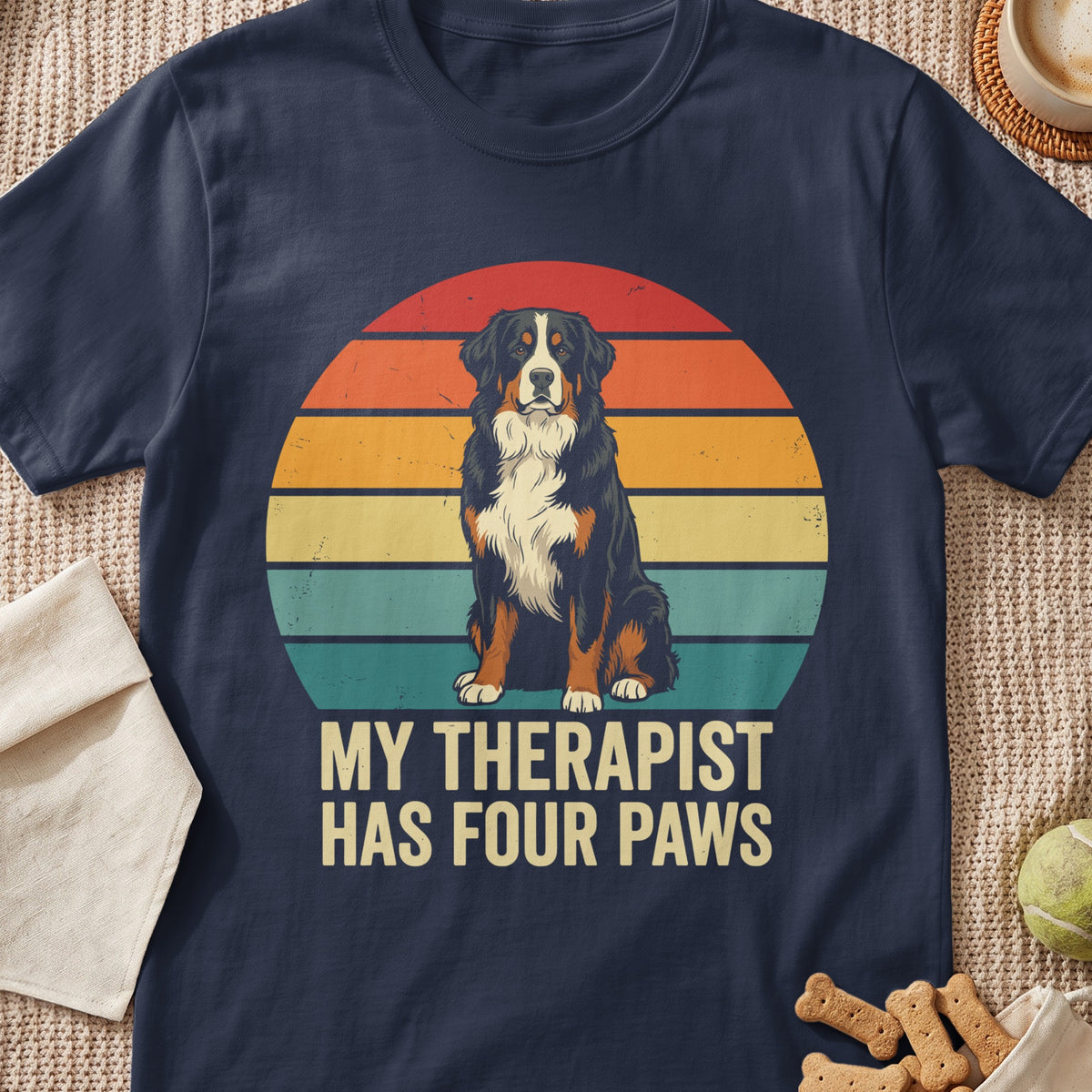Bernese Mountain Dog sits before a vintage striped sunset with text "My Therapist Has Four Paws".