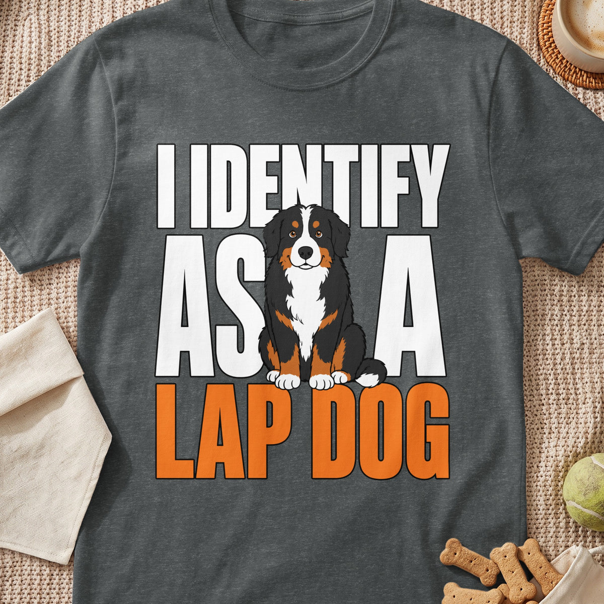 Bernese Mountain Dog graphic with text "I IDENTIFY AS A LAP DOG"