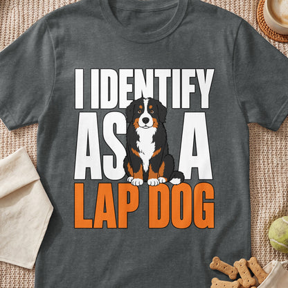 Bernese Mountain Dog graphic with text "I IDENTIFY AS A LAP DOG"