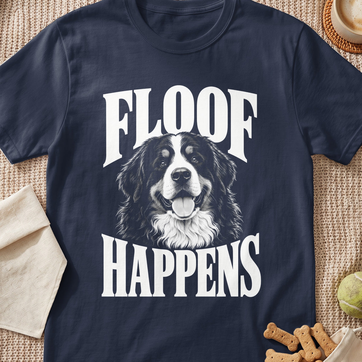 Dark t-shirt with a Bernese Mountain Dog graphic and the text "FLOOF HAPPENS".