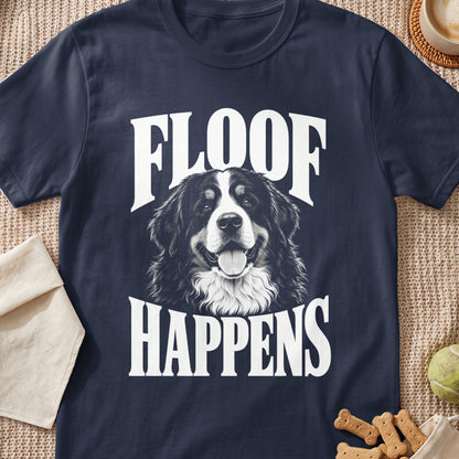 Dark t-shirt with a Bernese Mountain Dog graphic and the text "FLOOF HAPPENS".