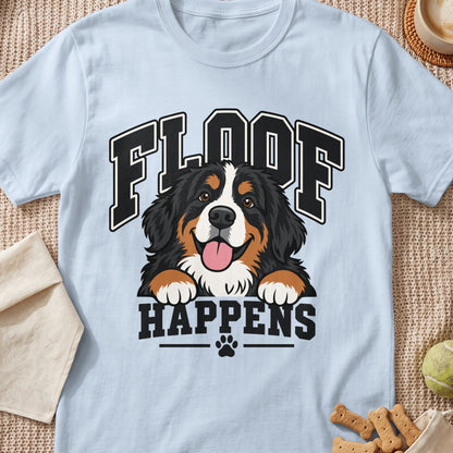 Bernese Mountain Dog illustration with text "FLOOF HAPPENS" on a light blue t-shirt.