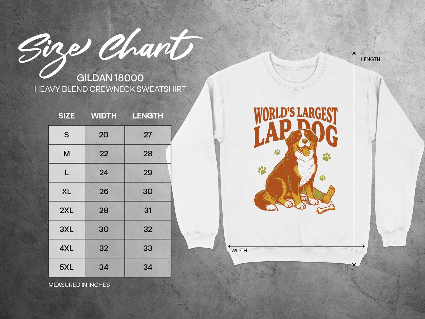 Gildan 18000 sweatshirt size chart: width and length in inches for sizes S to 5XL.