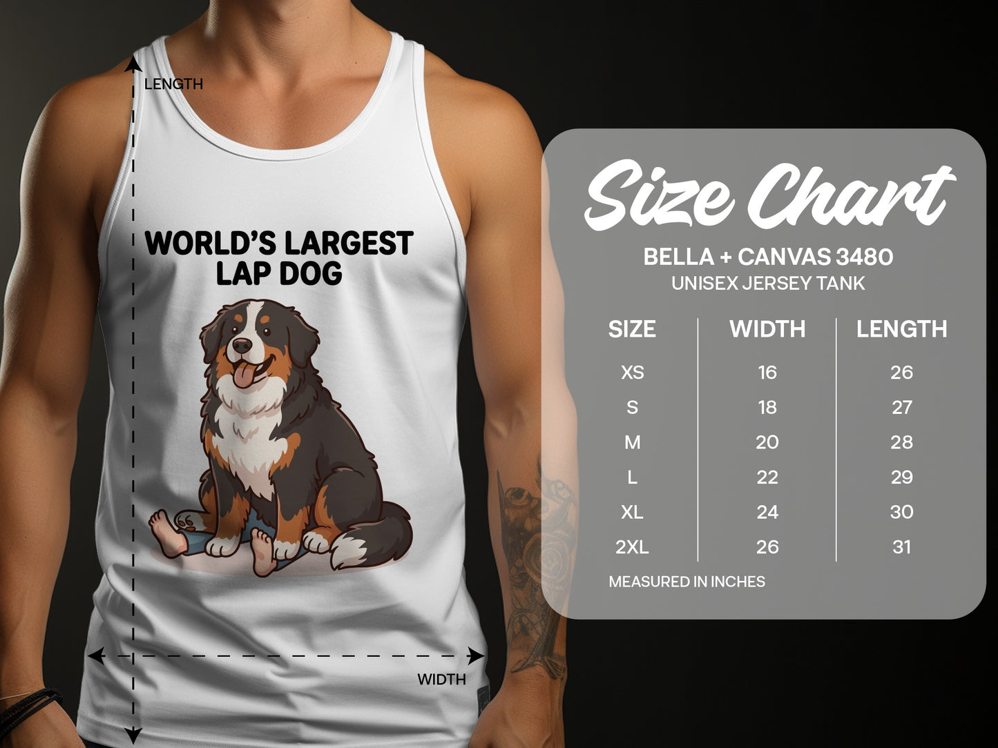 White tank top with cartoon Bernese Mountain Dog and "World's Largest Lap Dog" text. Size chart included.