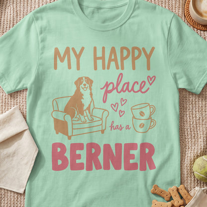 Mint t-shirt with "My Happy Place Has a Berner" text and dog illustration.