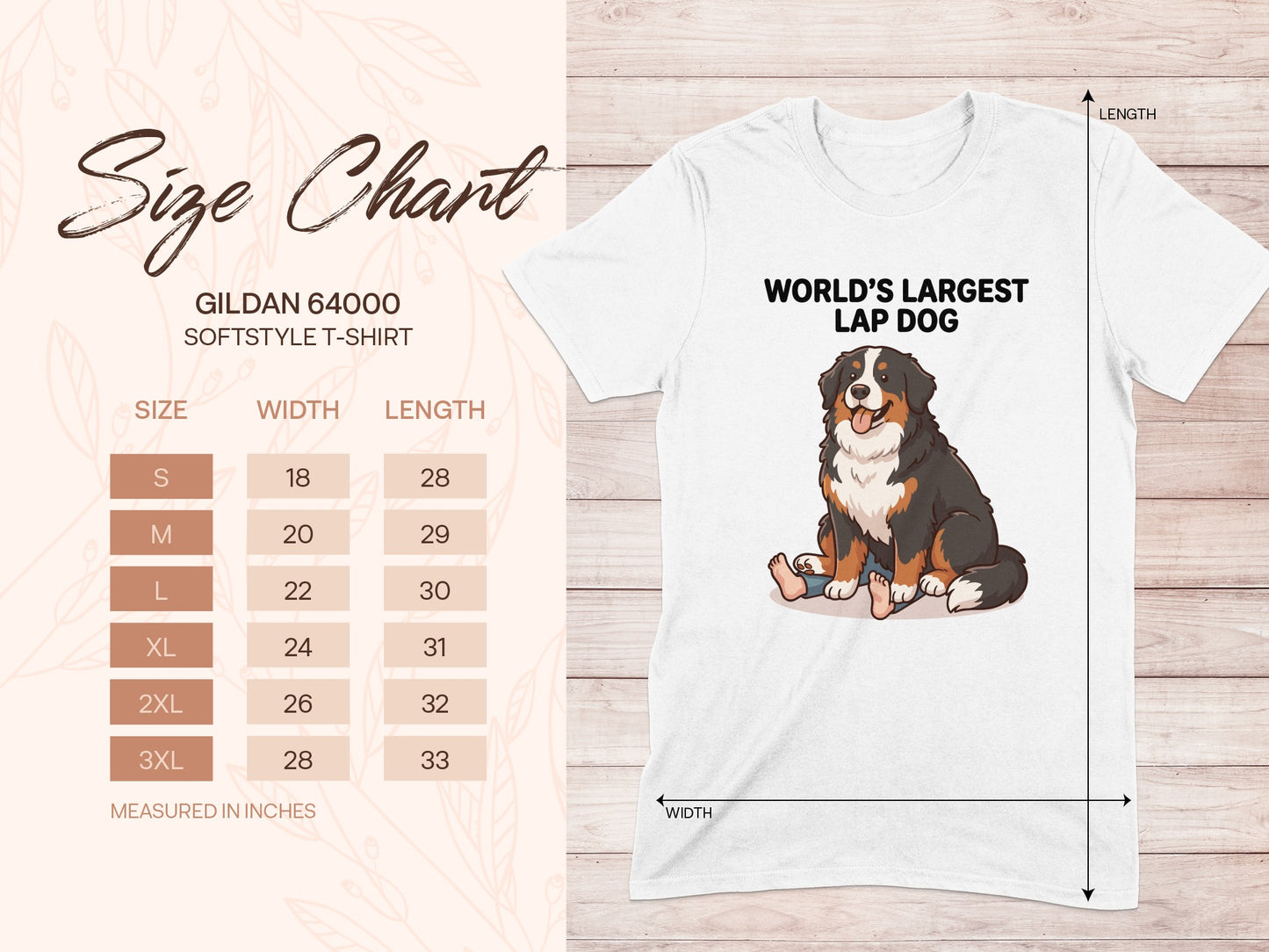Gildan 64000 softstyle t-shirt size chart with "World's Largest Lap Dog" graphic.