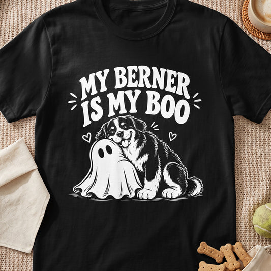 Bernese Mountain Dog hugging a ghost with text "MY BERNER IS MY BOO".