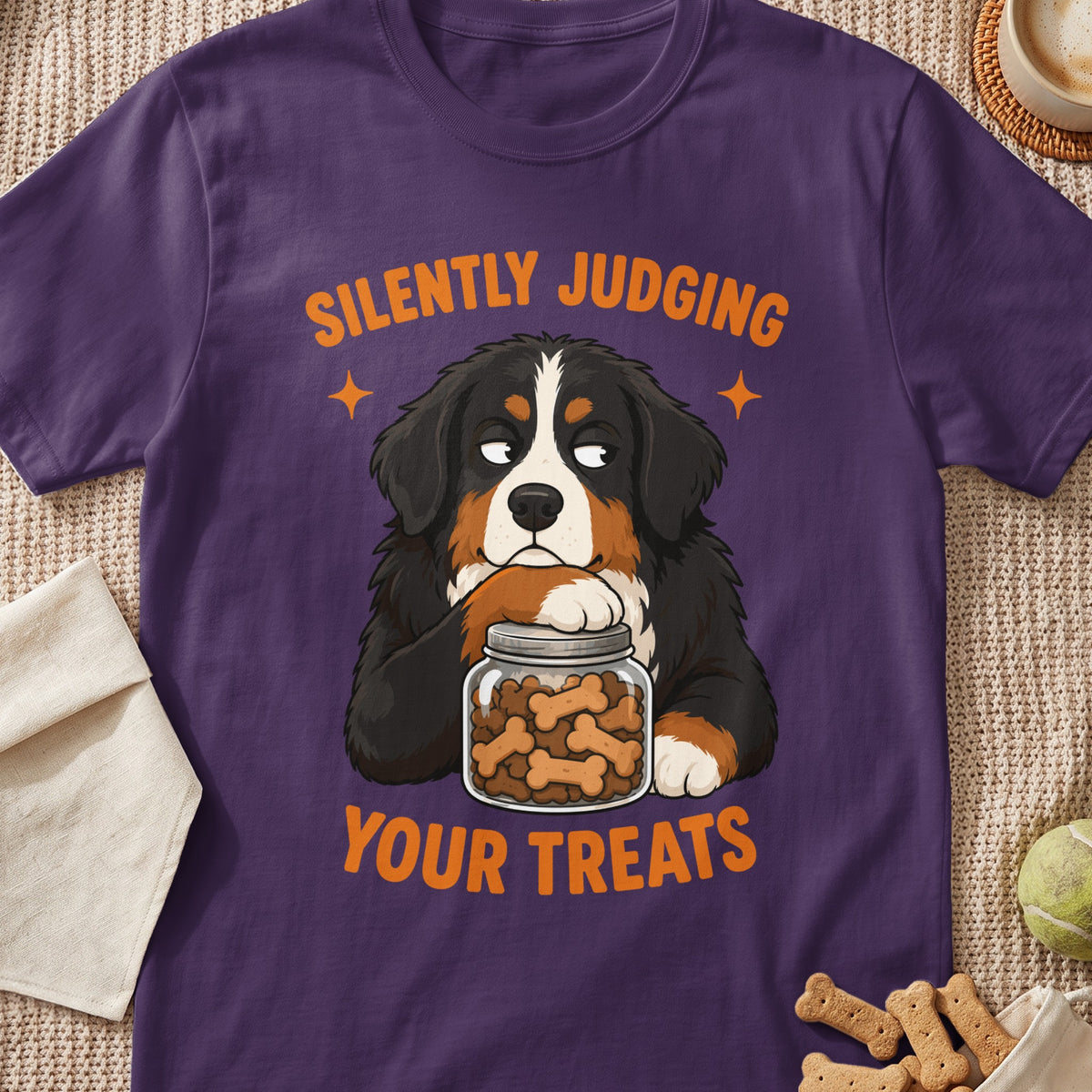 Bernese Mountain Dog with jar of treats graphic and text "Silently Judging Your Treats."