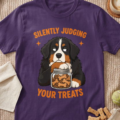 Bernese Mountain Dog with jar of treats graphic and text "Silently Judging Your Treats."
