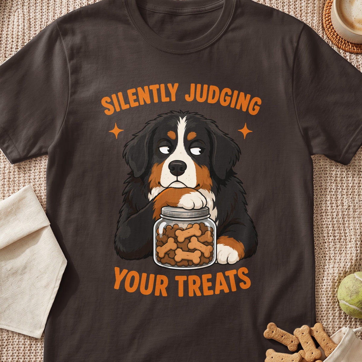 Bernese Mountain Dog with jar of treats and text "Silently Judging Your Treats".