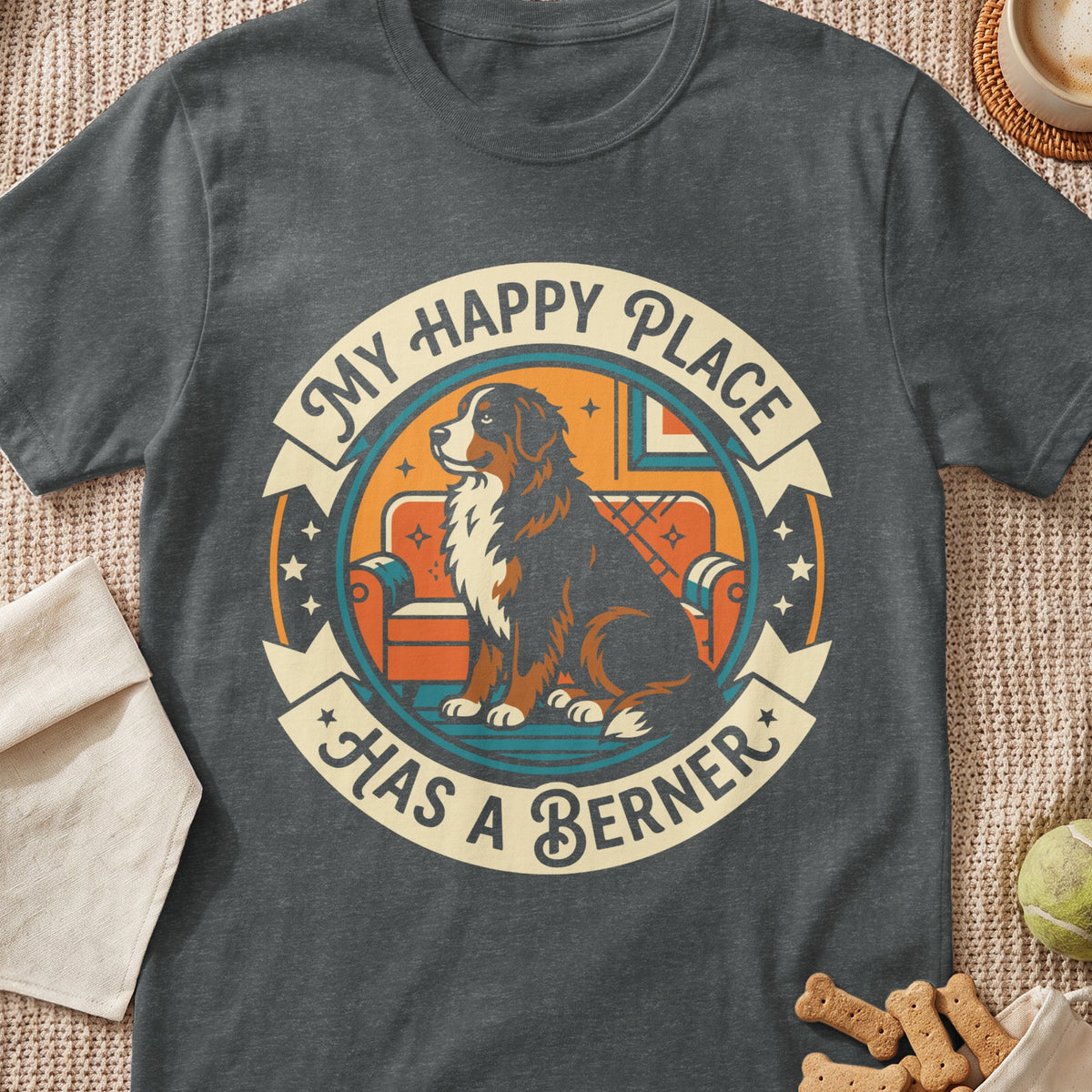 Dark gray t-shirt with graphic: "My Happy Place Has A Berner" and a Bernese Mountain Dog.