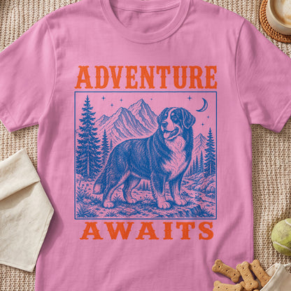 Pink t-shirt with blue graphic of Bernese Mountain Dog in mountains and text Adventure Awaits.