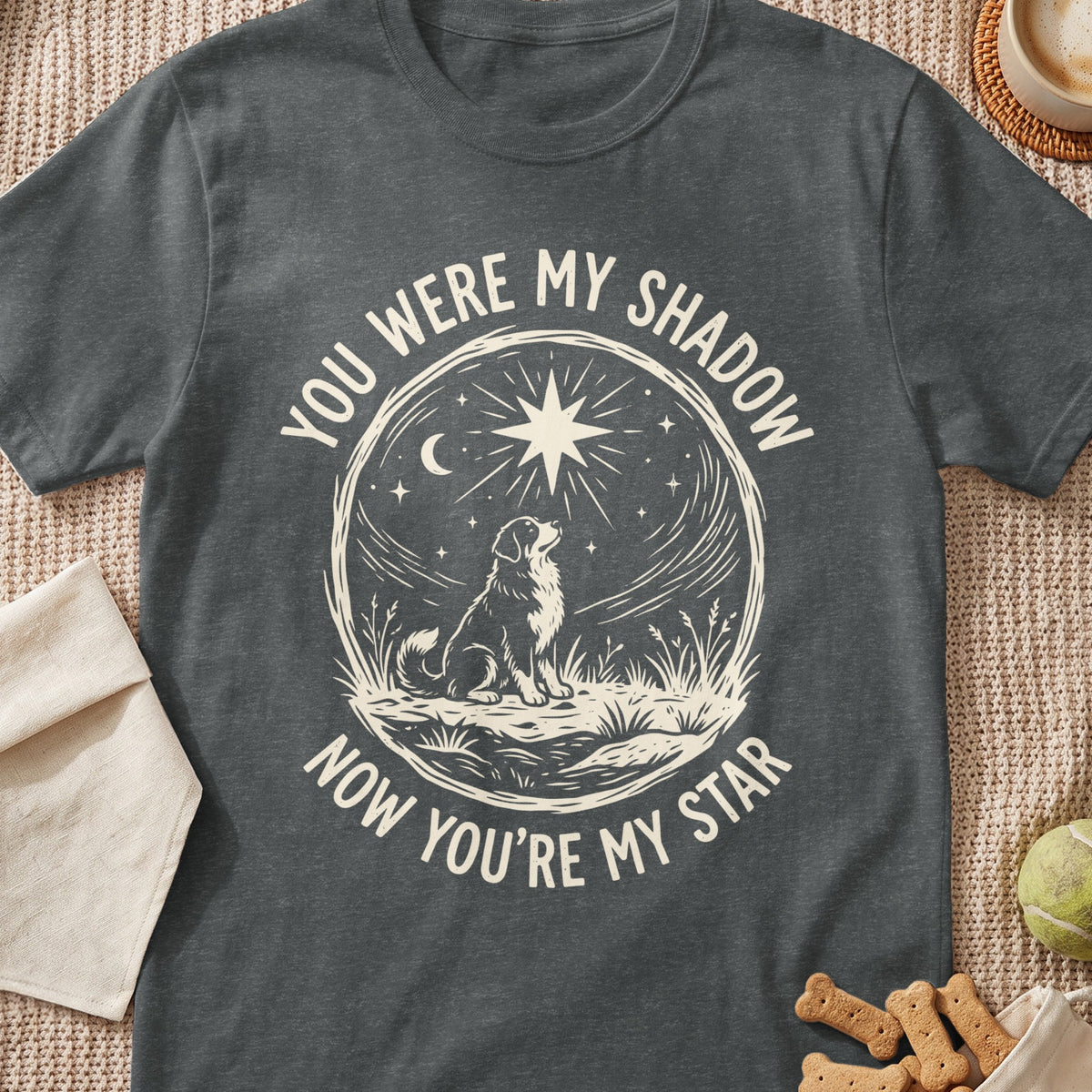 T-shirt with a distressed graphic of a dog looking at a star and crescent moon.