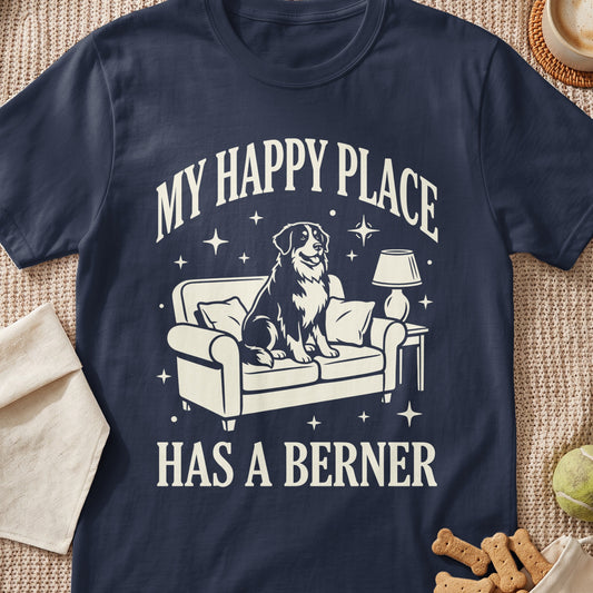 T-shirt graphic with Bernese Mountain Dog on couch, reads "My Happy Place Has a Berner".