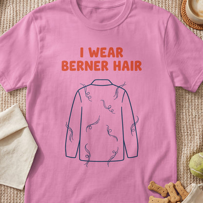Pink t-shirt with text "I WEAR BERNER HAIR" and a diagram of a shirt covered in fur.
