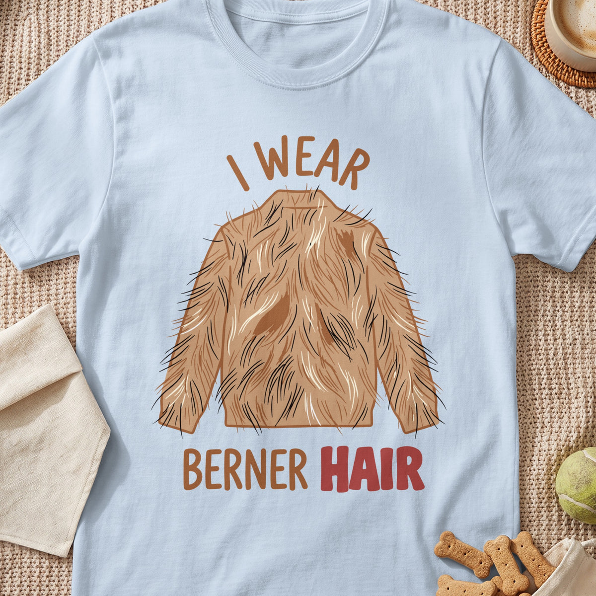 Light blue t-shirt with cartoon dog hair and text "I WEAR BERNER HAIR".